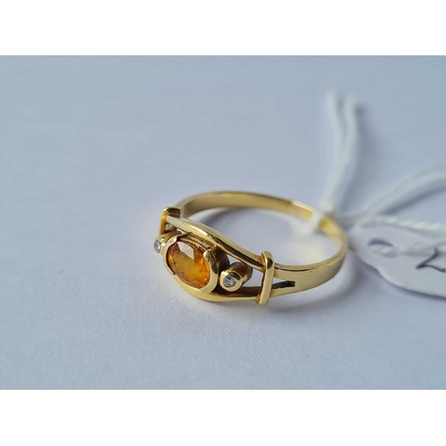 22 - A citrine and diamond three stone ring 18ct gold size S  3.6 gms