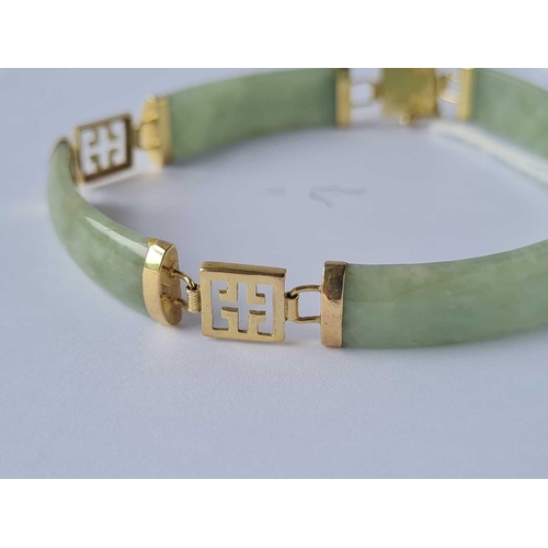 101 - A green jade panel bracelets with 9ct gold mounts 12.3g inc