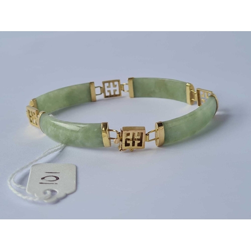 101 - A green jade panel bracelets with 9ct gold mounts 12.3g inc