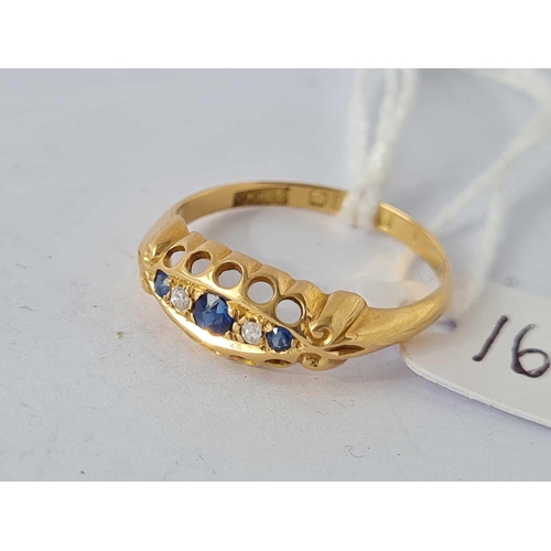 163 - A sapphire and diamond five stone boat shaped ring 18ct gold size P         2.2 gms