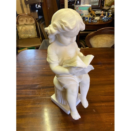 1642 - A carved Marble figure of a young girl reading a book, seated on a Plinth, signed A Piazza of Carrar... 