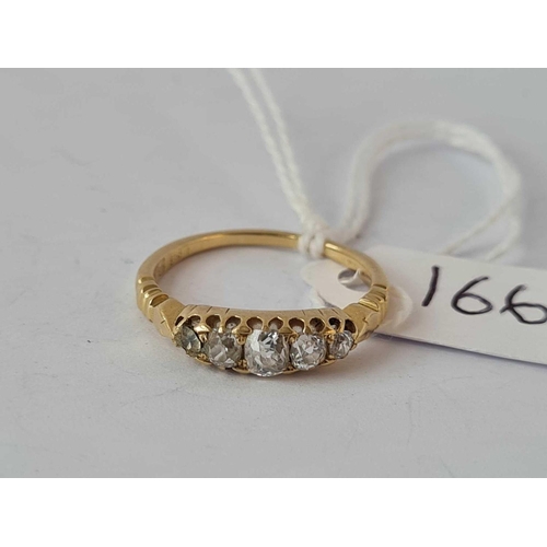 166 - A five stone diamond half hoop ring, 18ct, size N, 3.0 g.