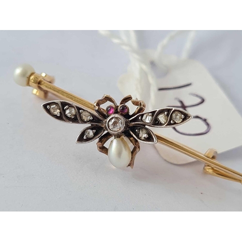 170 - A pearl and diamond fly brooch, 9ct