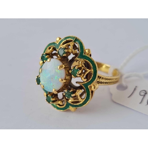 196 - A OPAL EMERALD AND ENAMELLED RING 18CT GOLD SIZE O       12 GMS