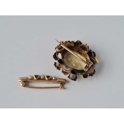 2 - A gold pearl and blue stone small brooch and another gilt one