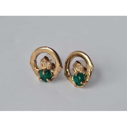 205 - A pair of green stone Claddagh earrings in 9ct