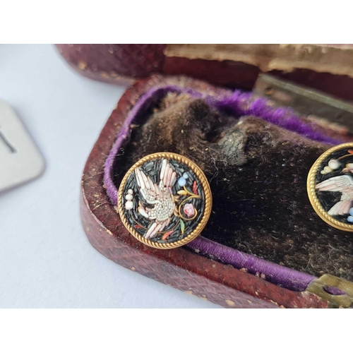 217 - Antique 15ct mounted set with 3 micro mosaic studs depicting 3 birds, in original box