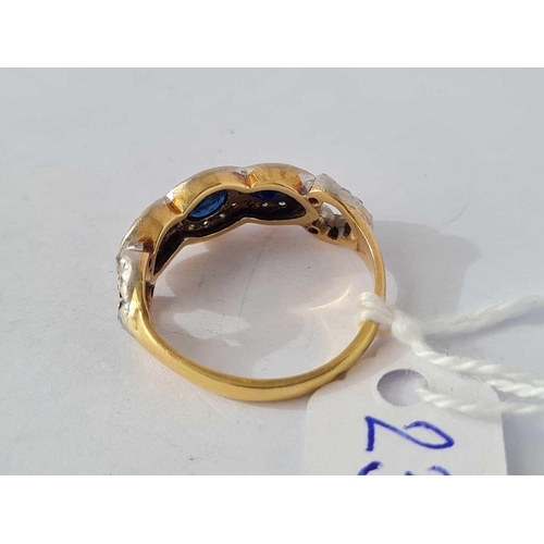 230 - A NICE SAPPHIRE AND DIAMOND TRIPLE CLUSTER RING 18ct, size O, 4.5 g.