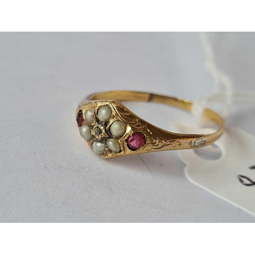 55 - A Victorian high carat gold pearl and ruby cluster ring, size O, A/F shank