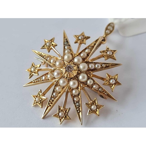 56 - A GOOD EDWARDIAN PEARL AND DIAMOND STAR PENDANT, 15ct