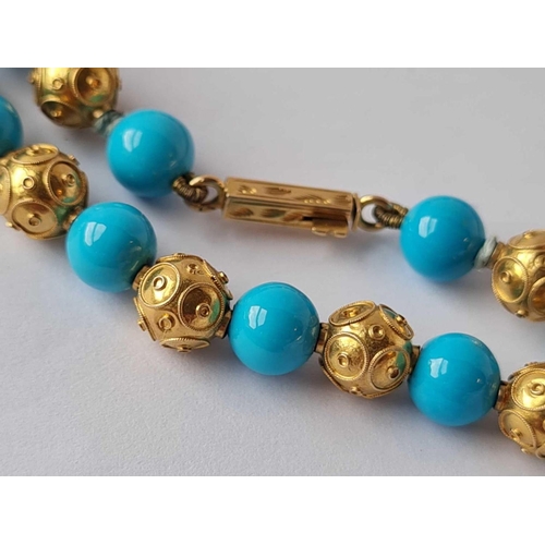 57 - A VICTORIAN GOLD BEAD NECKLACE INTERSPACED WITH BLUE STONE BEADS, 15ct, 21 g. 21� long