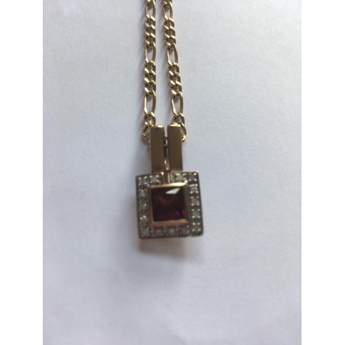 102 - A garnet and diamond 9ct pendant on heavy 9ct chain 6.6g inc