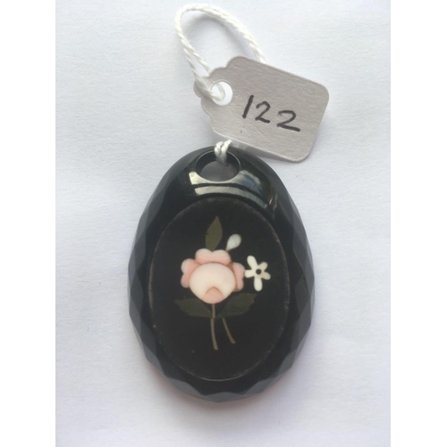 122 - A Victorian jet pendant drop mounted with a Pietra Dura flower design