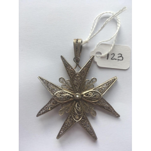 123 - A Victorian silver filigree Maltese cross pendant 48 x 48mm