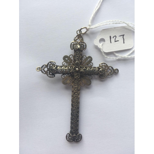 127 - A Victorian silver filigree cross 50 x 70 mm