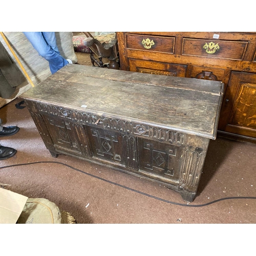 1657 - A 17th Century oak Coffer, The Panelled front with geometrical designs, 3ft 11