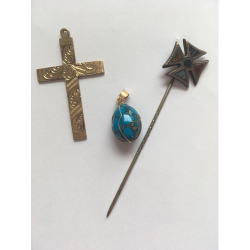 323 - 9ct cross, gold mounted turquoise pendant and a silver stick pin