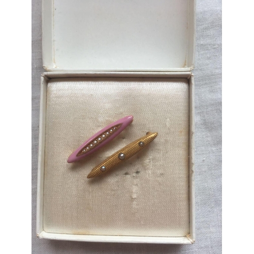 35 - A pair of small 14ct gold brooches one pink and enamel pearls and one simply pearls boxed