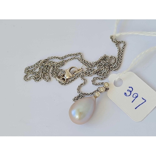 397 - A pearl and diamond pendant on 18ct gold neck chain 16 inches