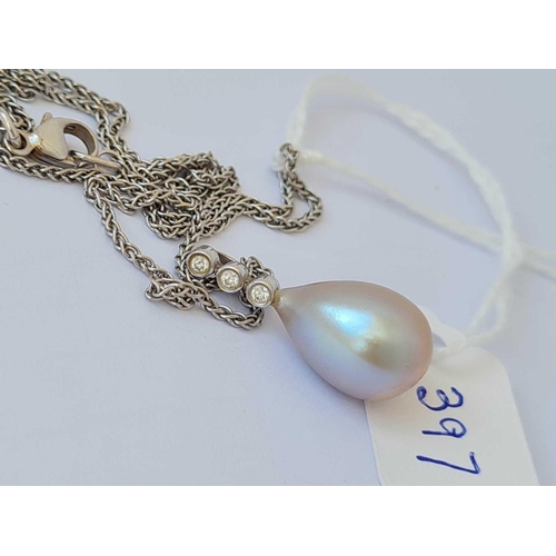 397 - A pearl and diamond pendant on 18ct gold neck chain 16 inches