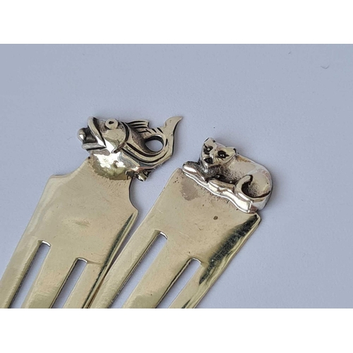 411 - Two silver book marks with cat and fish finials