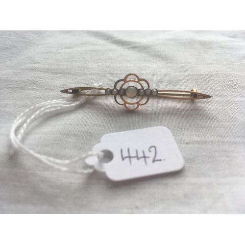 442 - A pearl and opal bar brooch set in gold metal pin