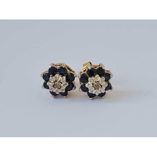 47 - A pair of diamond and sapphire cluster earrings 9ct   2.2 gms