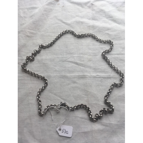 530 - A long silver belcher neck chain 28 inch    63.8 gms