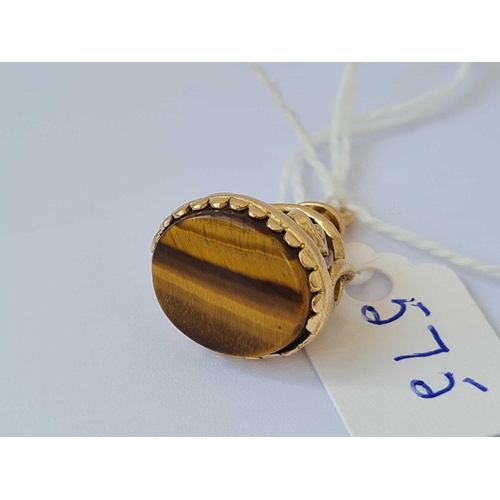 575 - A fob seal set with tigers eye 9ct   4 gms