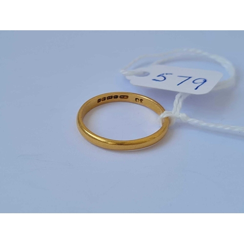 579 - A B ham 1956 wedding band 22ct gold    2.1 gms