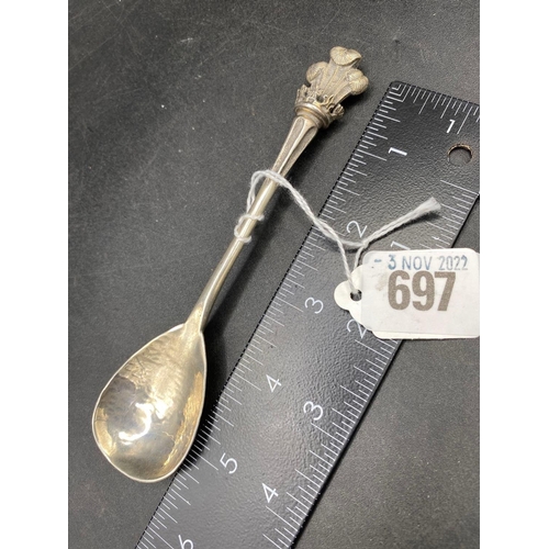 697 - A hand made spoon with Prince of Wales feather and hammered finish by HC, 47g