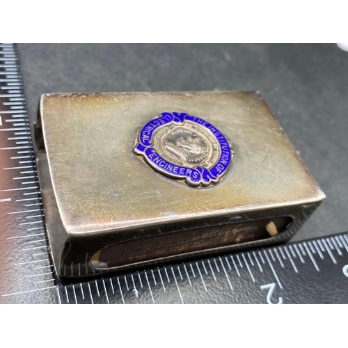 715 - A silver and enamel match box holder for the electrical engineers, Birmingham 1924