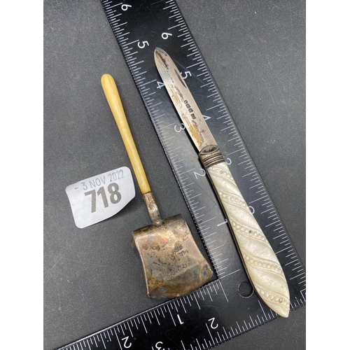 718 - An attractive fruit knife with carved M.O.P and an unmarked caddy spoon with shovel bowl