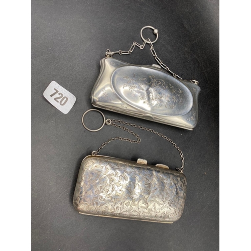 720 - Two mounted purses, each engraved with foliage and with chains, one Birmingham 1913