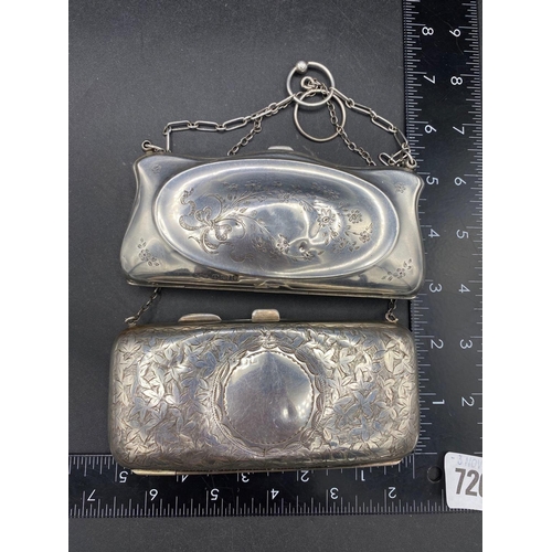 720 - Two mounted purses, each engraved with foliage and with chains, one Birmingham 1913