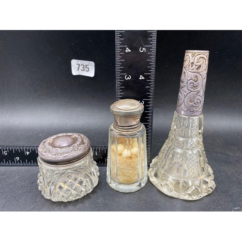 735 - A tapering cent bottle with glass body (no stopper) and two other mounted jars