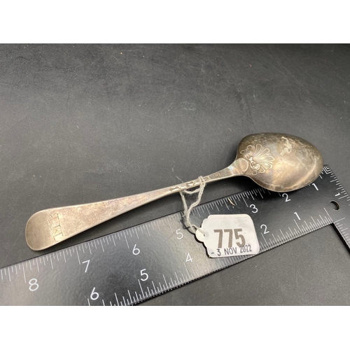 775 - A mid 18th Century table spoon with shell back, maker RI