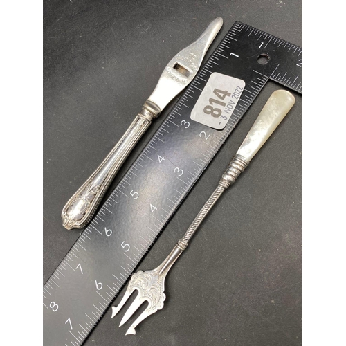 814 - Pickle fork, Chester 1921 with MOP handle and an orange knife with silver handle