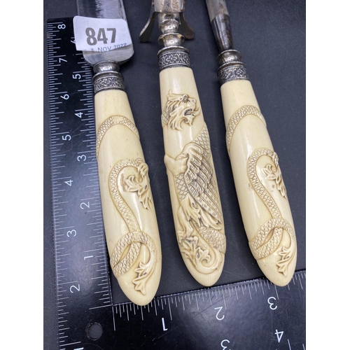 847 - Three piece carving set with composition carved handles