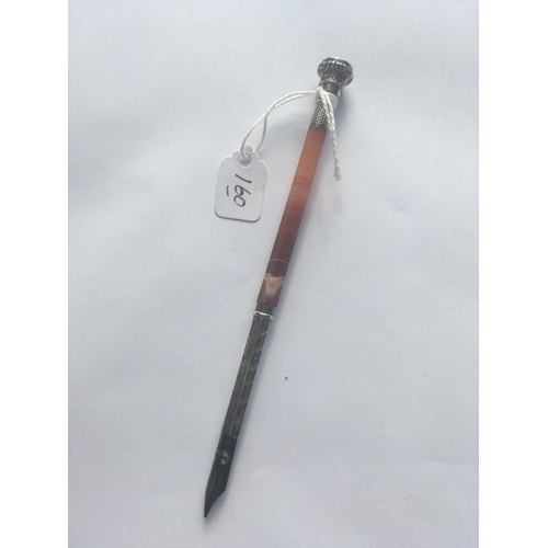 160 - A vintage silver & agate dip pen with stone insignia to terminal