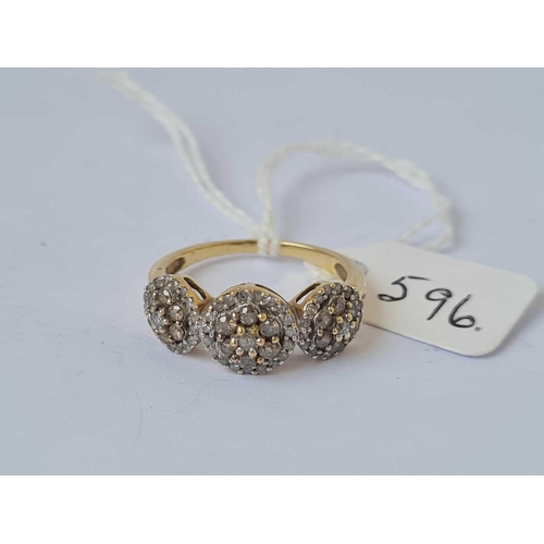 596 - A three cluster diamond ring 9ct size Q    3.5 gms