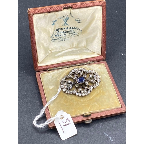 51 - A IMPRESSIVE VICTORIAN HIGH CARAT GOLD AND SILVER SET DIAMOND AND SAPPHIRE BROOCH IN FITTED BOX