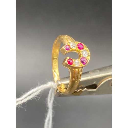 78 - Ruby & diamond 18ct gold vintage horseshoe ring size K 2.9g inc