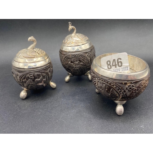 846 - Indian carved wood and silver mounted cruet set