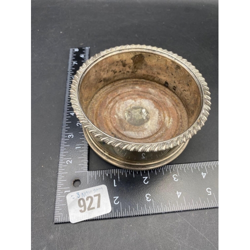 927 - A wine coaster with gadroon rim, wood base, 4 1/4