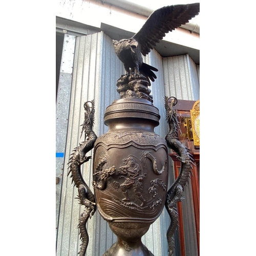 1664 - Massive 19th Centuary Chinese bronze vase with Eagle finial. Baluster shaped body, charming a dragon... 