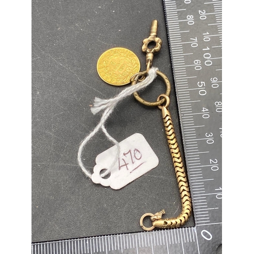 470 - 1859 gold 5franc coin on metal ring with small watch key