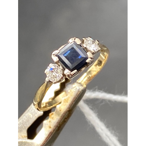 126 - A sapphire and diamond three stone ring 18ct yellow and white gold size J   2.1 gms