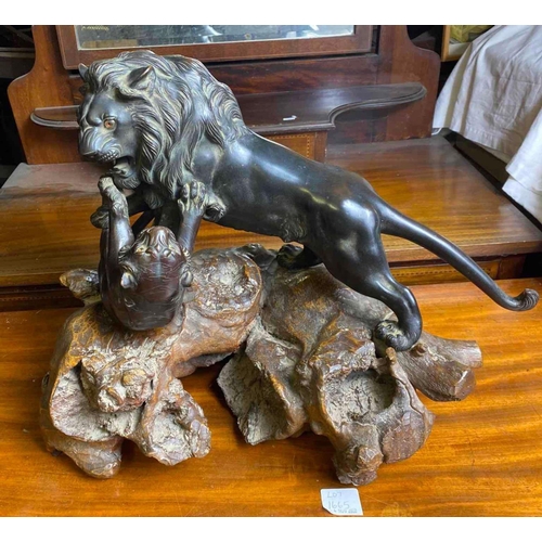 1665 - Good Oriental bronze of a Lion attacking a Leopard, bead eyes. 15 inch high including Wood base