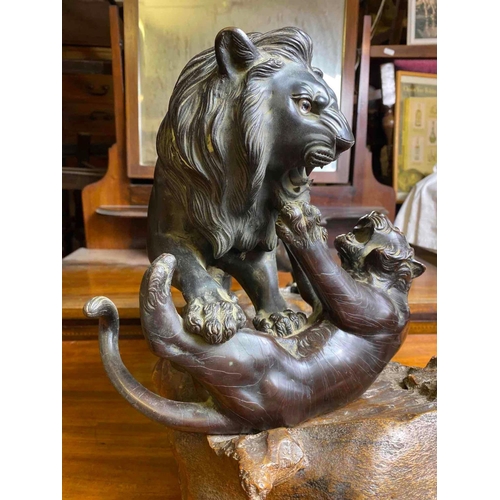 1665 - Good Oriental bronze of a Lion attacking a Leopard, bead eyes. 15 inch high including Wood base